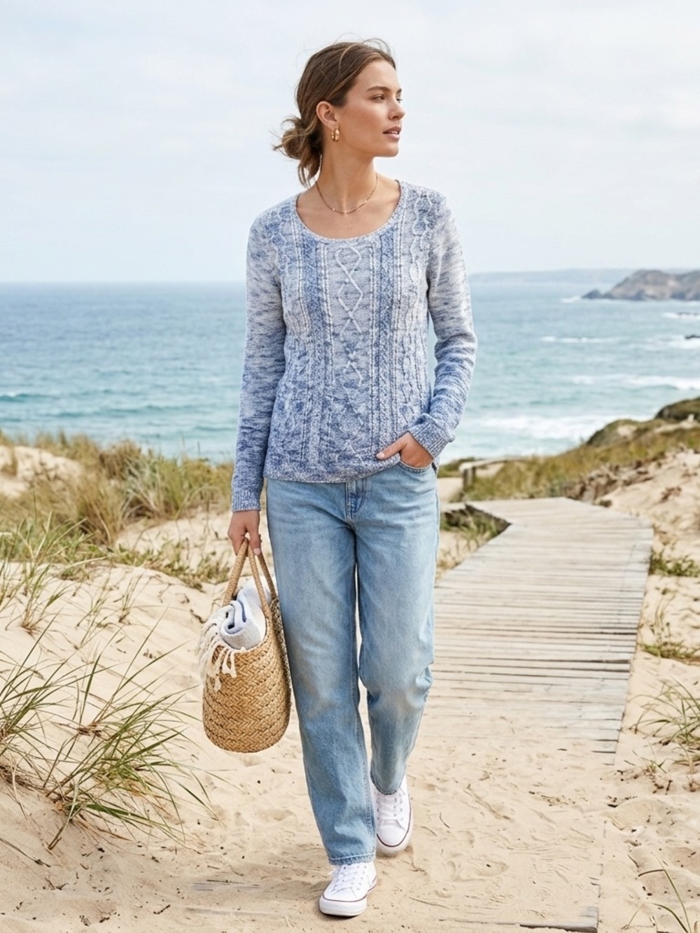 INC size S Linen Blend Cable Knit Womens Sweater Blue White Resort Coastal Chic